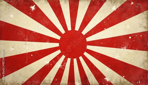 Retro illustration depicts Japanese Rising Sun design. The artwork features red and white rays radiating from a central sun. It has a vintage aesthetic.