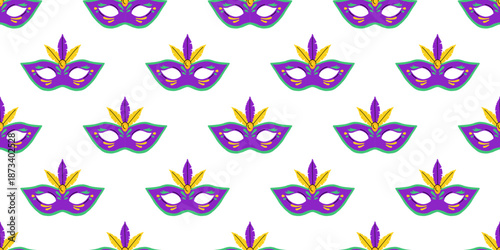 Vector seamless pattern with colorful mardi gras mask with feather in purple, green and yellow on white background. Festive carnival masquerade mask. Party wrapping paper, fabric, celebration design.