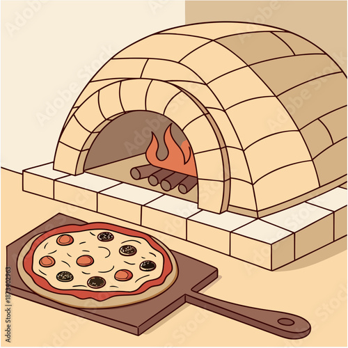 Traditional brick pizza oven with wood fire and pepperoni pizza, Italian cooking
