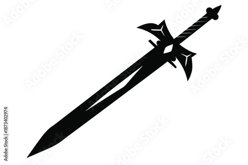 Traditional Katana Samurai Sword Silhouette - Black and White Japanese Weapon Vector Illustration
