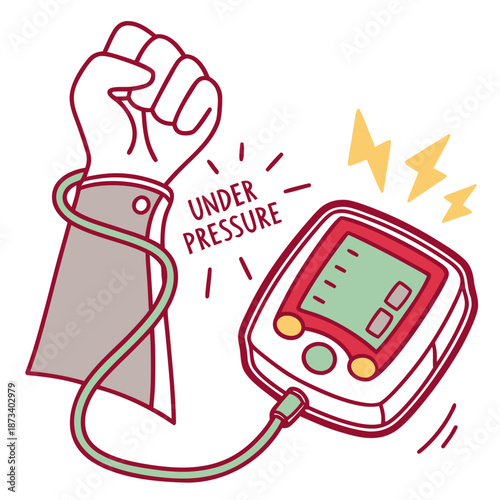 Blood pressure monitor on clenched fist showing stress anxiety health concept