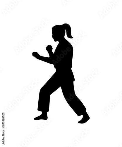 Woman silhouette practicing martial arts punch in karate pose