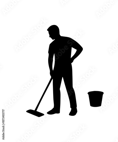 Man silhouette mopping floor, cleaning, housekeeping chores