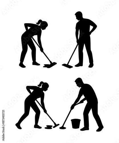 Person silhouettes set mopping floor, cleaning, housekeeping chores