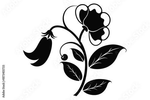 Artistic Sweet Pea Flower Silhouette - Black Ink Style Botanical Vector Graphic Isolated for Stationery and Invite Design