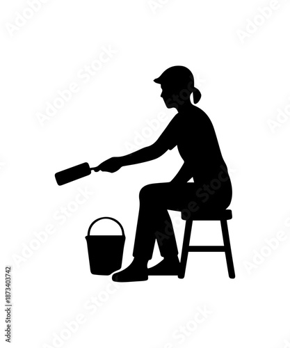 WFemale painter worker silhouette holding roller and paint can