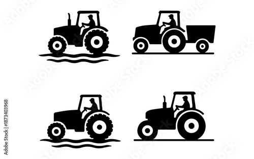 Tractor with driver icon, silhouettes set representing agriculture farming
