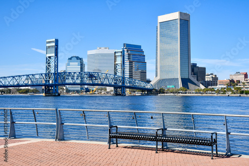 View of the Mainstreet Bridge over the St Johns River and downtown Jacksonville from the Southbank Riverwalk in Duval County, Florida. 