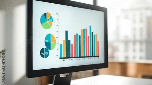 Close-up of a computer screen displaying colorful business charts and graphs.