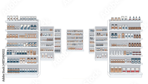 Clean and organized pharmacy interior featuring multiple freestanding shelves neatly arranged with various health products and medications, offering a wide selection.