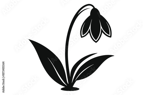 Minimalist Black Snowdrop Silhouette Isolated on White, Botanical Spring Flower Vector Design for Clipart and Logos