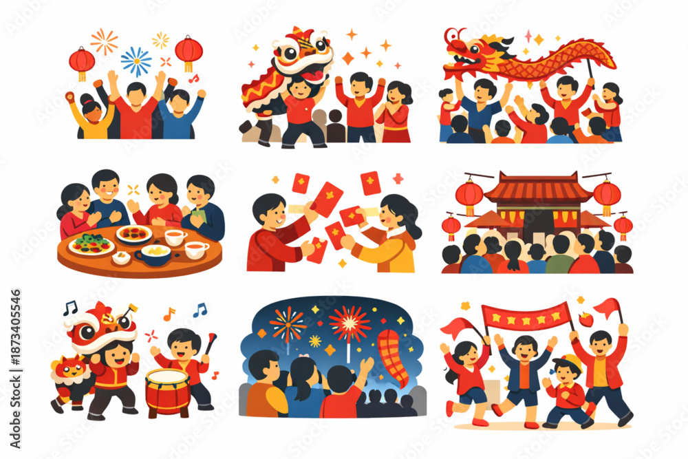 Fototapeta premium Chinese New Year Icon Set Illustrating Festive Crowd and Community Energy Flat Vector