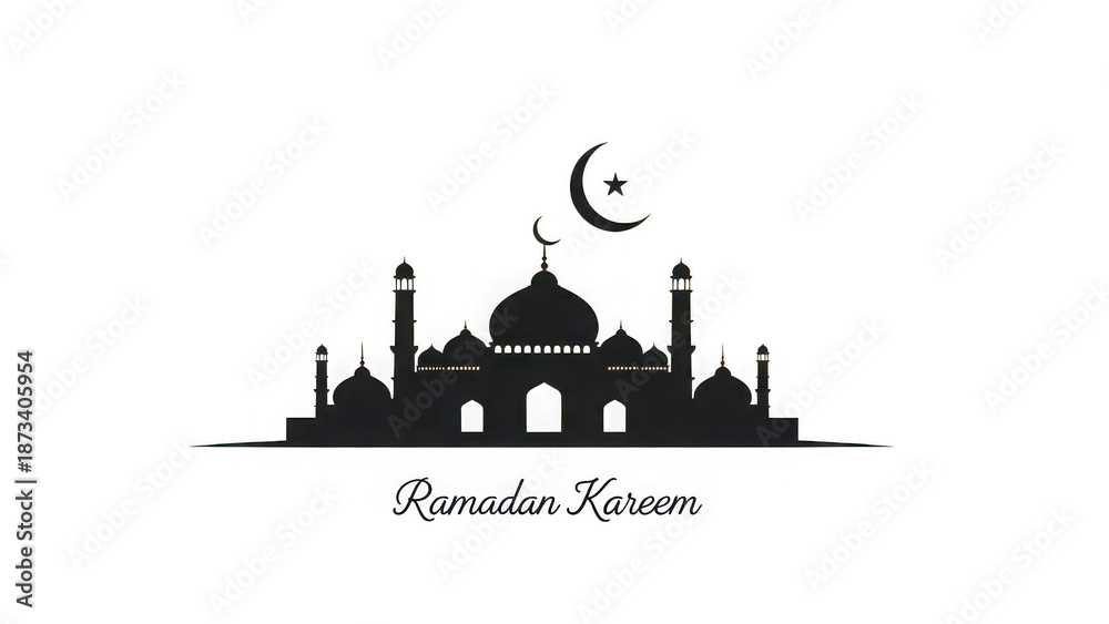 Fototapeta premium Black Ramadan Kareem Mosque Silhouette with Crescent Moon on Transparent Background – 3D Islamic Festive Design