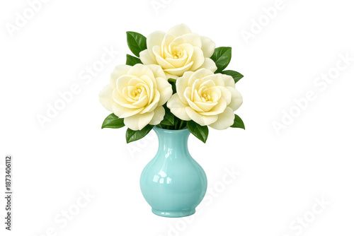 Wallpaper Mural Gardenia flowers blooming in a turquoise ceramic vase, creating a fresh decorative floral arrangement on a transparent background Torontodigital.ca