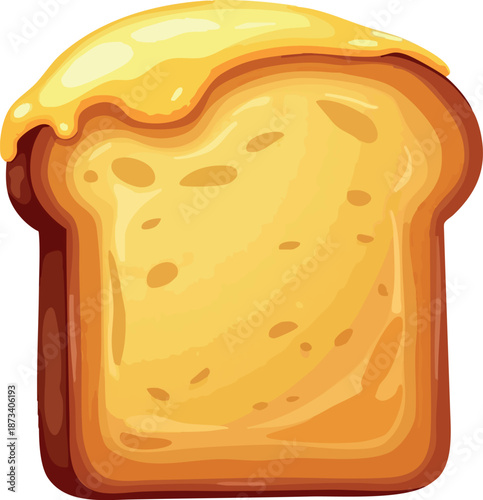 A cute flat illustration of a slice of toast generously spread with melting butter, isolated