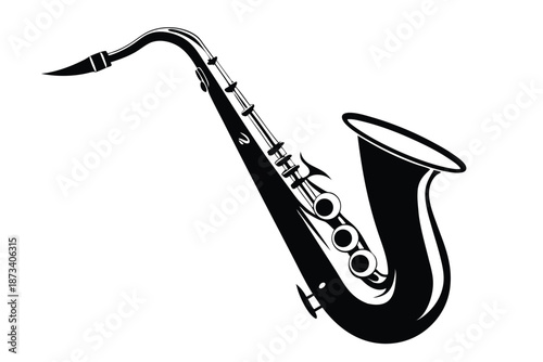 Simple saxophone silhouette, black and white vector, iconic jazz instrument isolated