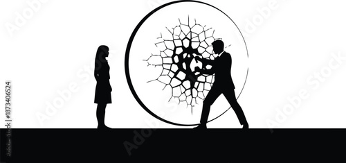 Minimalist silhouette scene of man breaking a circular barrier of cracked glass between him and woman in high contrast black and white low angle silhouette posture