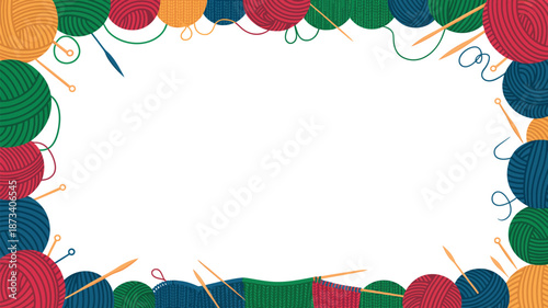 A colorful illustration of yarn balls and knitting needles on a white background