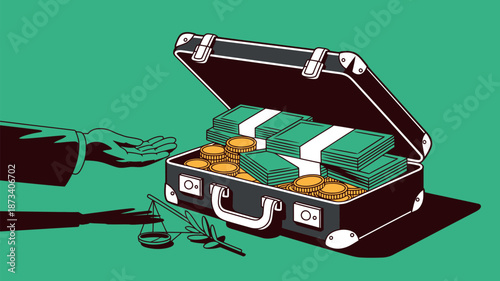 An illustration of a briefcase filled with money and gold coins being offered