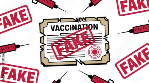 A graphic illustration of fake vaccination cards and syringes on a white background
