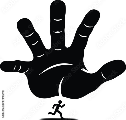 Minimal silhouette vector hand pressing down on fleeing runner low angle composition concept of oppression danger high contrast black and white bold flat icon closeup