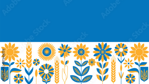 A vibrant floral pattern in blue and yellow on a white background
