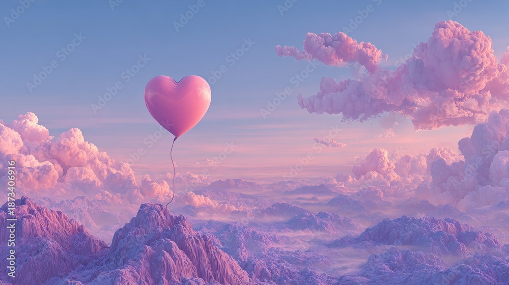 Fototapeta premium A pink heart-shaped balloon floats gently above a serene mountain landscape with fluffy clouds in a blue sky. Valentine day Special
