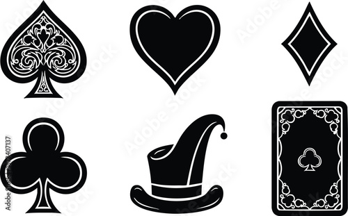 Flat vector playing card suit icons close up spade heart diamond club jester hat and ornate card back isolated on white high contrast silhouette minimal graphic