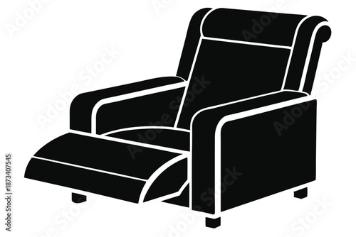 Simple recliner chair silhouette in black and white, isolated on a white background for clean, modern design.