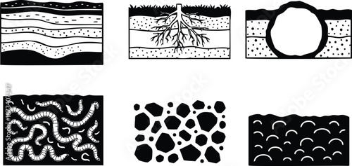 Minimalist vector soil cross sections set showing layered strata roots burrow worms and aggregate pore patterns in black and white scientific line art icons closeup diagram