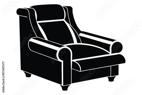 Isolated recliner chair silhouette in black and white on a plain white background, simple vector graphic for design.