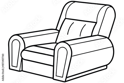 Artistic black and white line drawing of a recliner on a white background, a simple furniture graphic