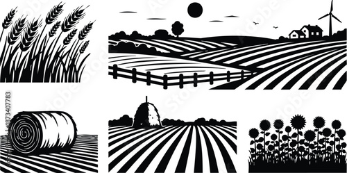 Minimal silhouette vector of wheat close up and rolling field rows with hay bale sunflower patch farm house and wind turbine at sunrise low angle view