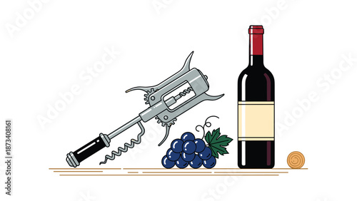 Elegant arrangement of a sophisticated corkscrew, a red wine bottle, a cluster of fresh grapes, and a small cork, set on a simple line.