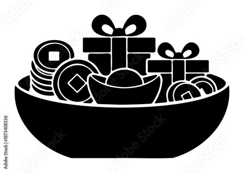 Chinese New Year Bowl full of prosperity gifts and wealth symbols
