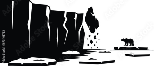 Flat silhouette arctic scene showing collapsing ice cliff with drifting ice floes and lone polar bear looking toward distant horizon in stark black contrast minimalist vector
