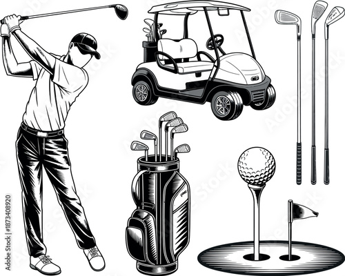 A golfer in action with various golfing equipment and a golf cart on a course