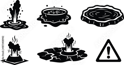 Flat design geyser and hot spring icon set with warning symbol six black silhouette icons top view side view minimal vector art for nature safety signage