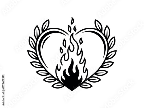A black and white illustration of a heart with flames and leaves