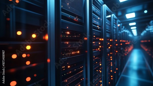 A large data center with rows of server racks and glowing orange lights