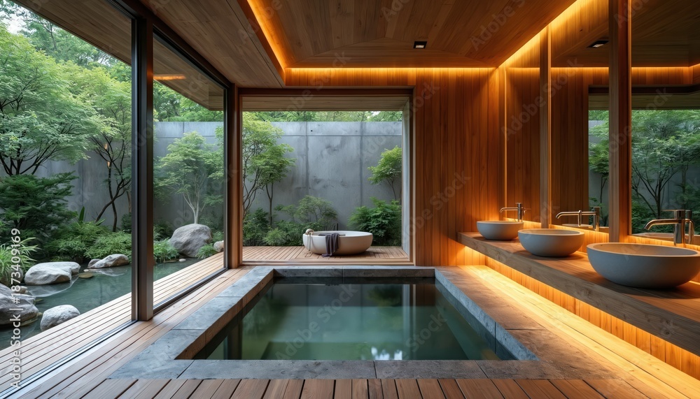 Fototapeta premium Minimalist indoor bathroom with outdoor garden view. Natural wood, stone, and water elements create a serene spa oasis. Modern Japanese aesthetic blends with nature for ultimate relaxation.