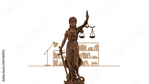 Elegant statue of Lady Justice (Themis) holding her sword and scales, set against a backdrop of a bookcase, representing law, education, and wisdom.
