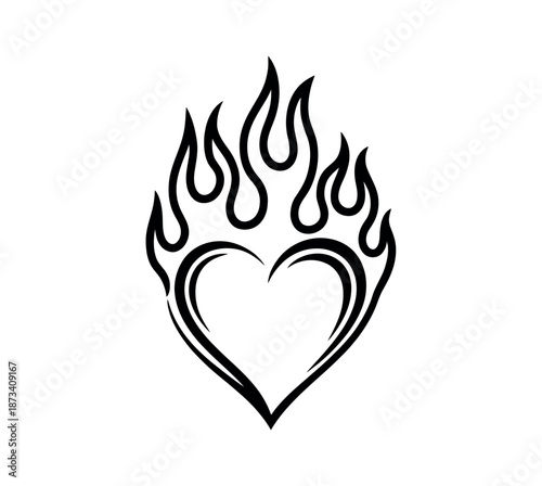 A black heart with flames rising from it on a white background