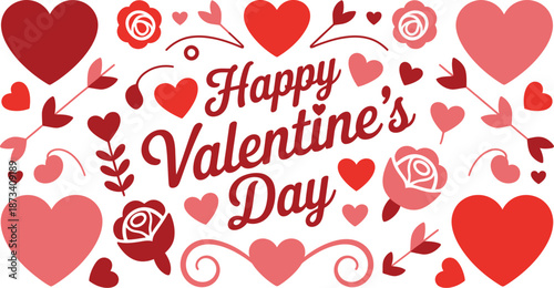 A festive Valentine's Day graphic with hearts and roses on a white background