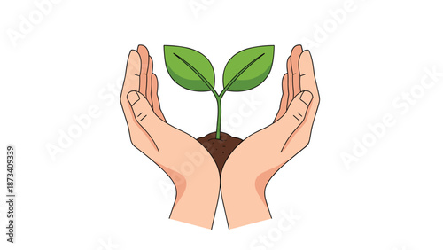 Symbolic image portraying two hands forming a protective gesture around a tender green plant with soil, emphasizing environmental care and new beginnings.
