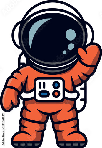 A cartoon astronaut in an orange spacesuit waving hello from space