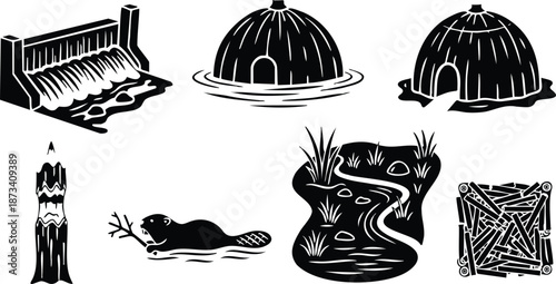 Woodcut style beaver dam and lodge icons showing flowing waterfall dam cut log stump beaver carrying stick wetland pond marsh details low angle silhouette black vector