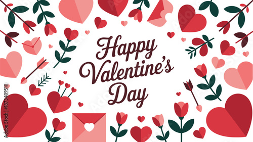 A festive Happy Valentine's Day graphic with hearts and flowers