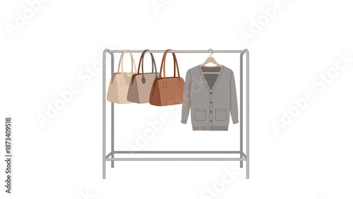 Minimalist clothing rack displaying an elegant gray sweater and a selection of neutral-toned handbags, showcasing modern fashion and organization.