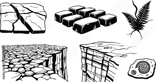 Line art close up cracked basalt column cliff edge with stacked stones fern and spiral fossil isolated vector composition high contrast bold ink style monochrome texture